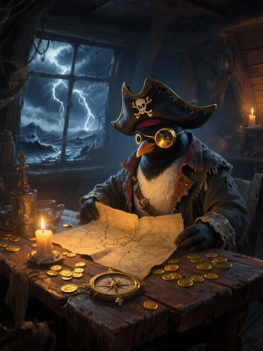 Penguin Pirate Quartermaster Spreads Treasure Map