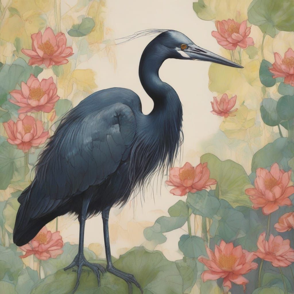 Majestic Black Heron in Vivid Wetlands Scene, in Gouache Sty...