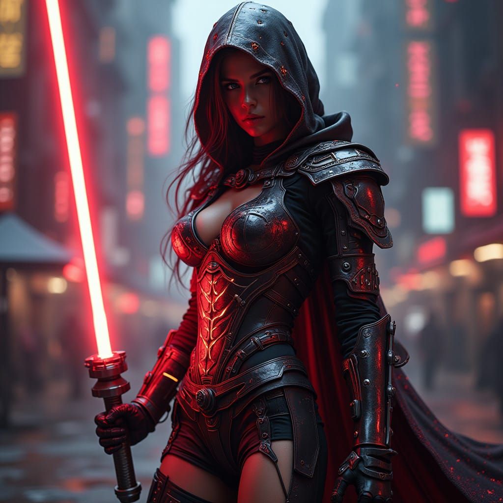 Epic Fantasy Warrior in Futuristic Cityscape