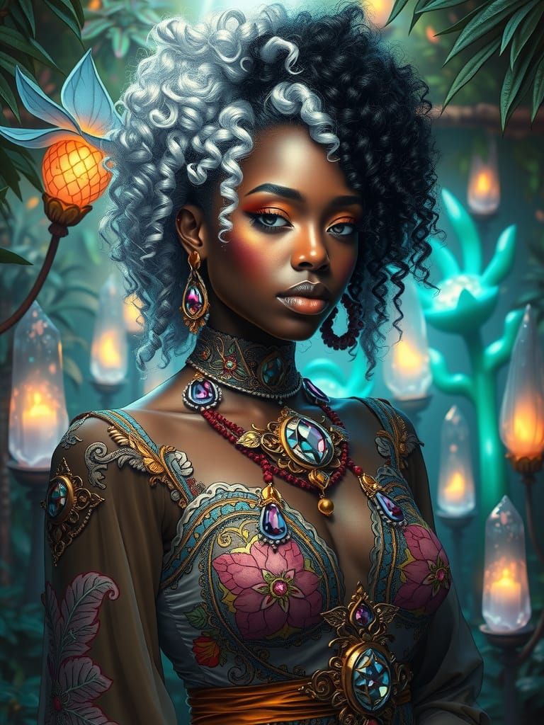 Bioluminescent Garden Portrait in Art Nouveau Style