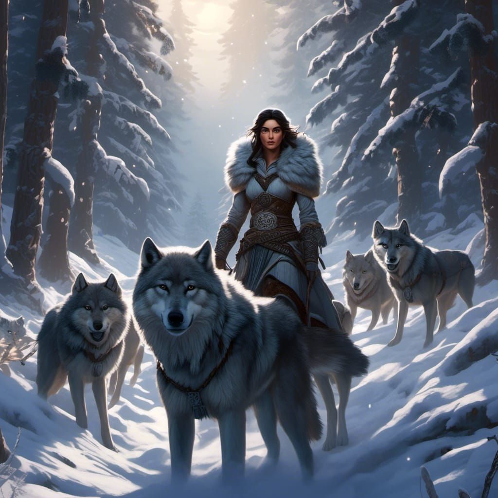 princess of an ancient Celtic clan protected by a Pack of wolves, large in body size, monochromatic color fur, snow cove...