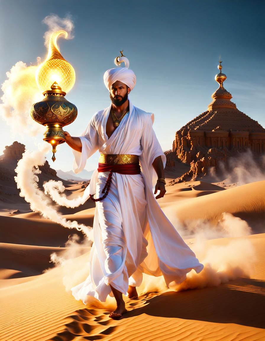 Djinn Walking in Desert with Genie Lamp