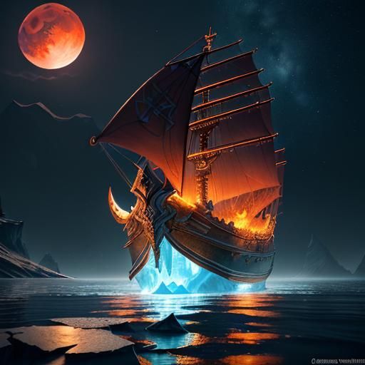 Viking boat under the watch of the blood moon.