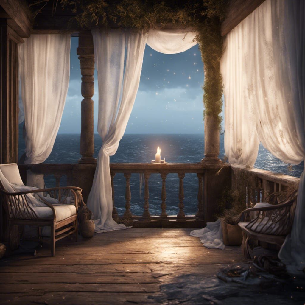 Wind-Blown Curtains on Seaside Porch at Night