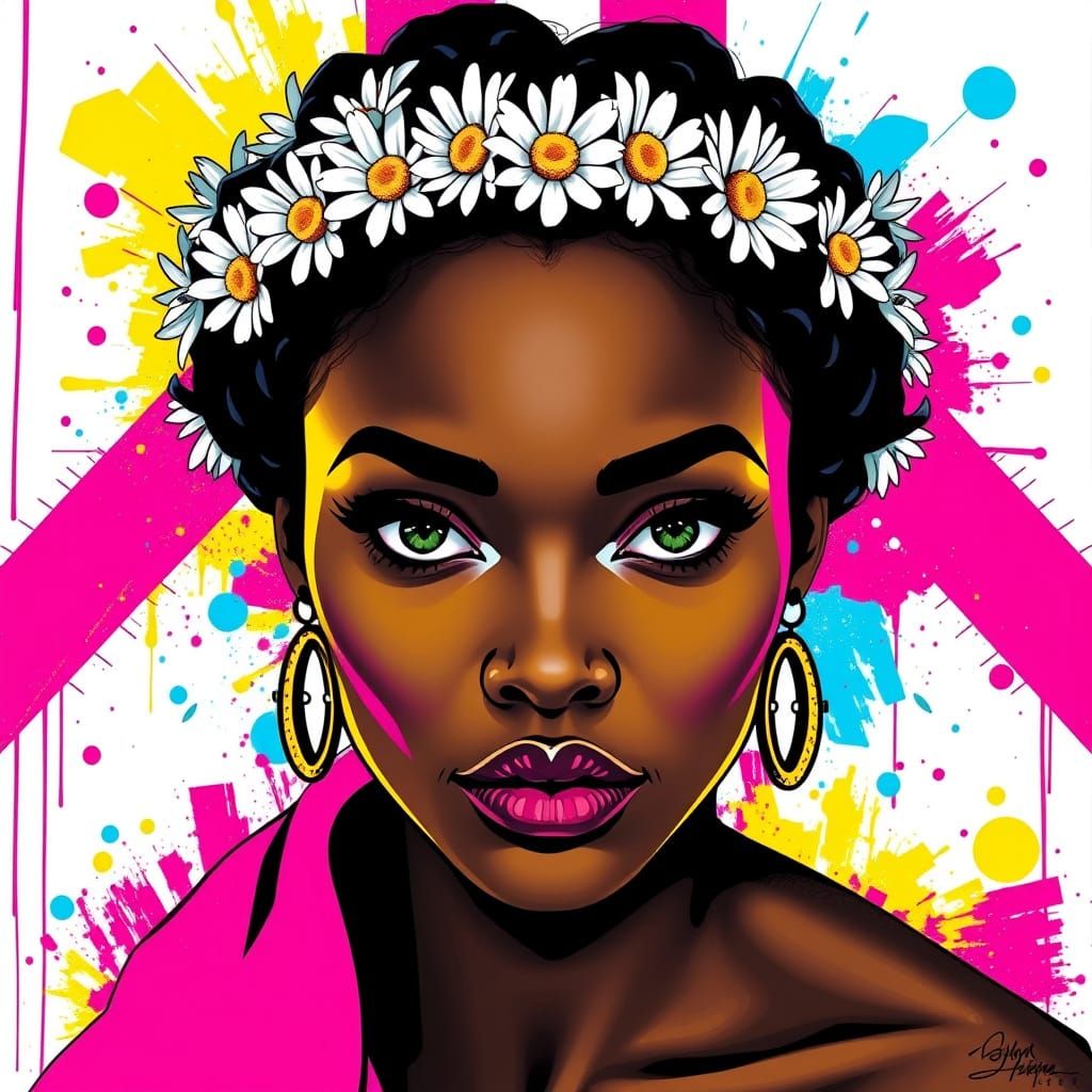 Pop Art Portrait of Black Woman with Daisy Crown