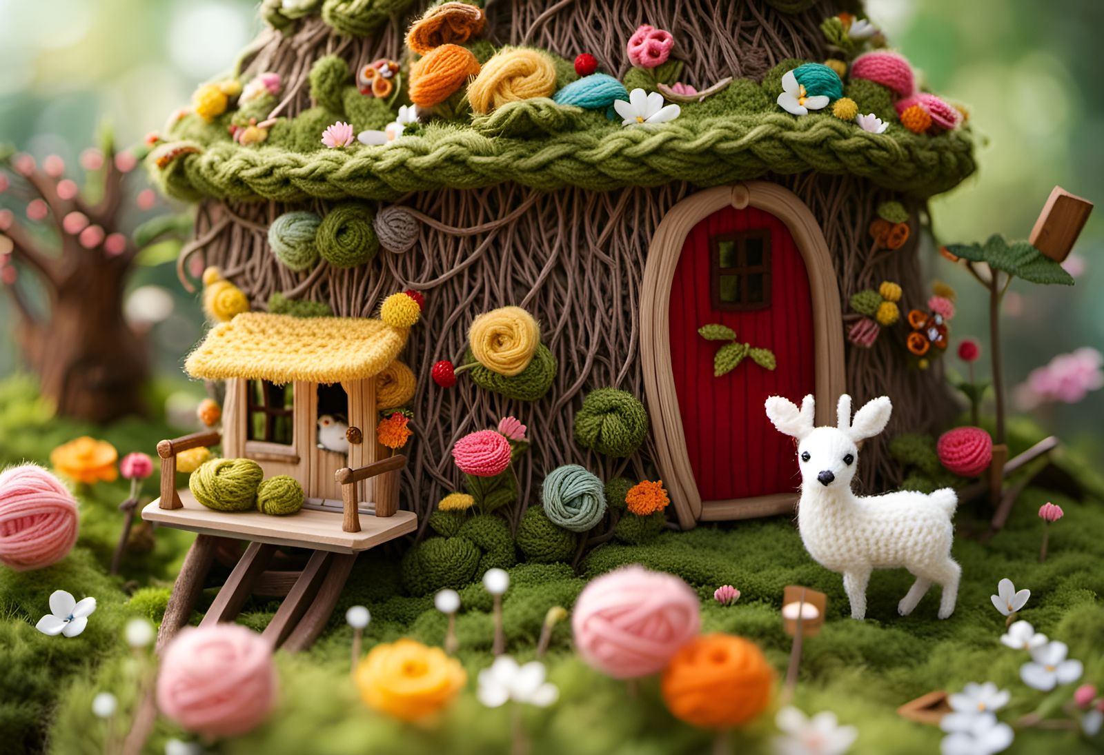 Adorable Yarn Forest Scene in Studio Ghibli Style