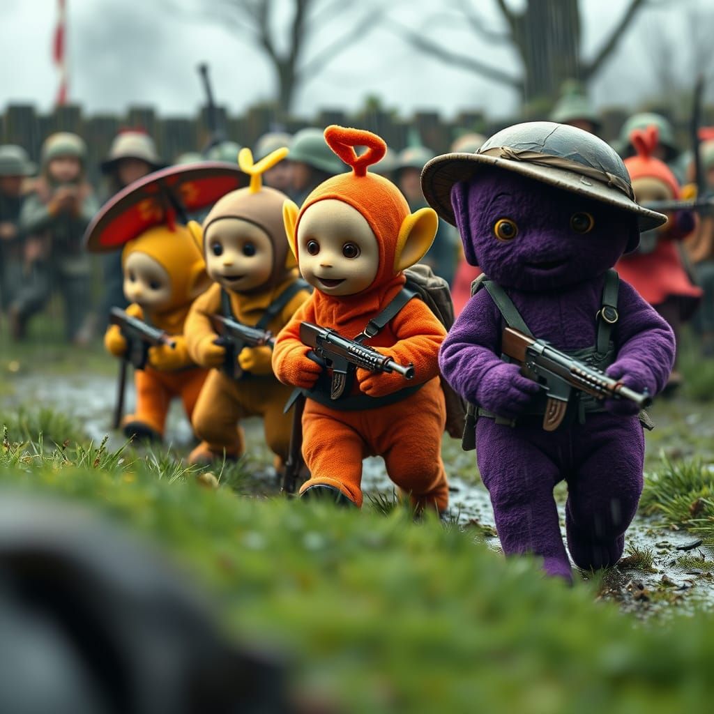 Teletubbies Storming Battlefield in WW1 British Uniforms