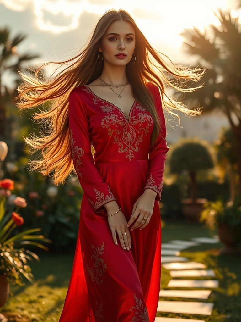 Radiant Woman in Red Silk Dress at Garden Party