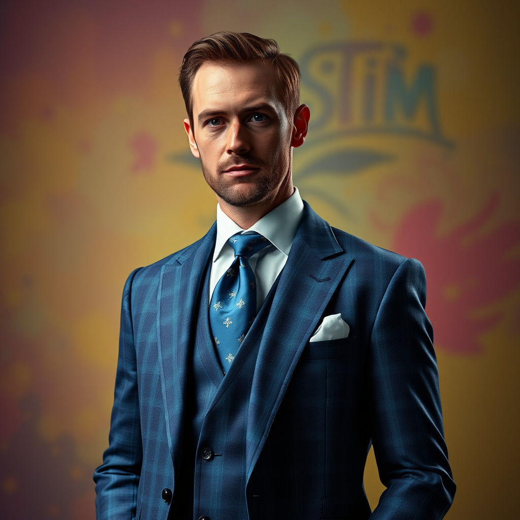 Groom in Blue Plaid Suit: Cinematic Concept Art