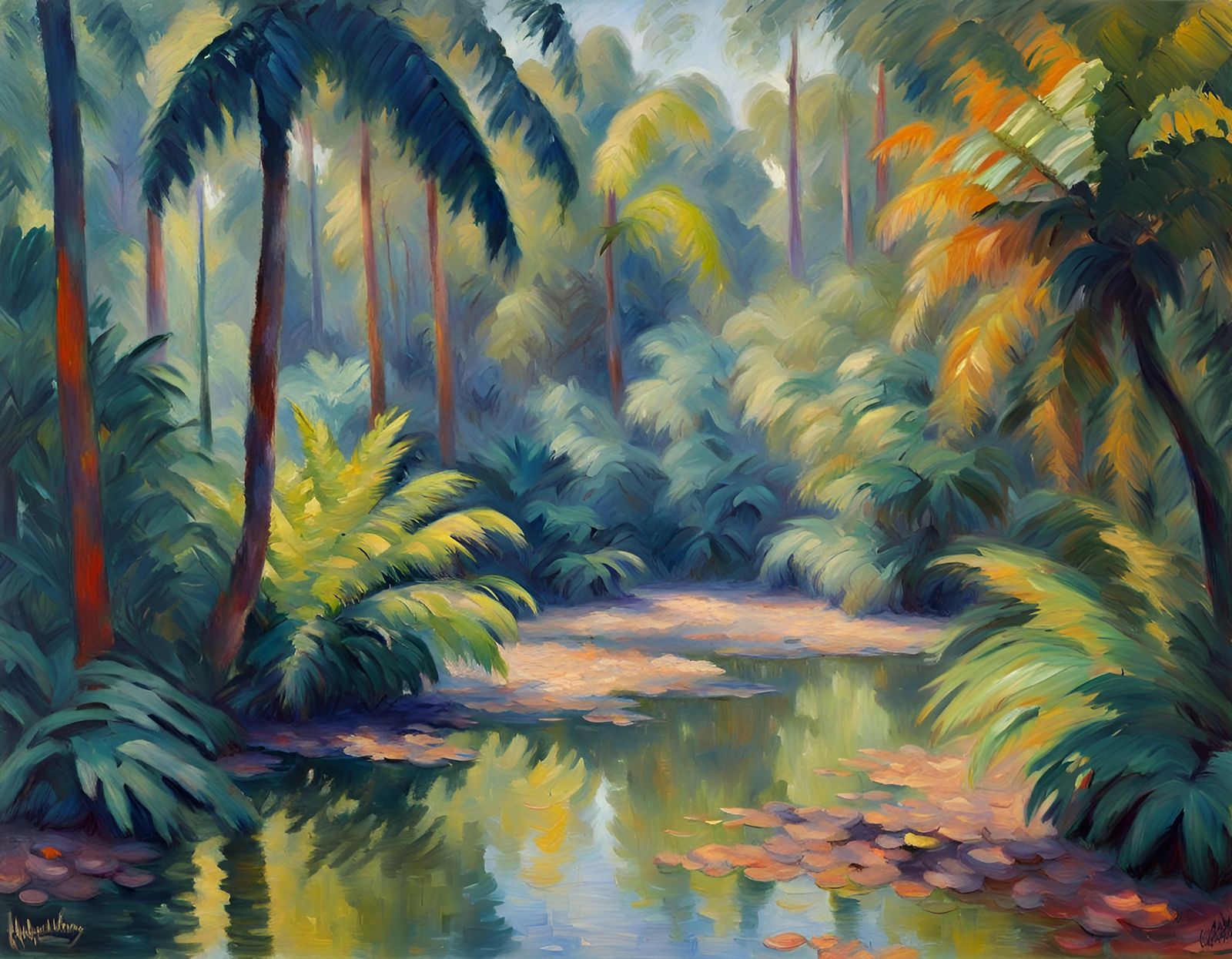 Impressionist Jungle Scene with Primates and Birds