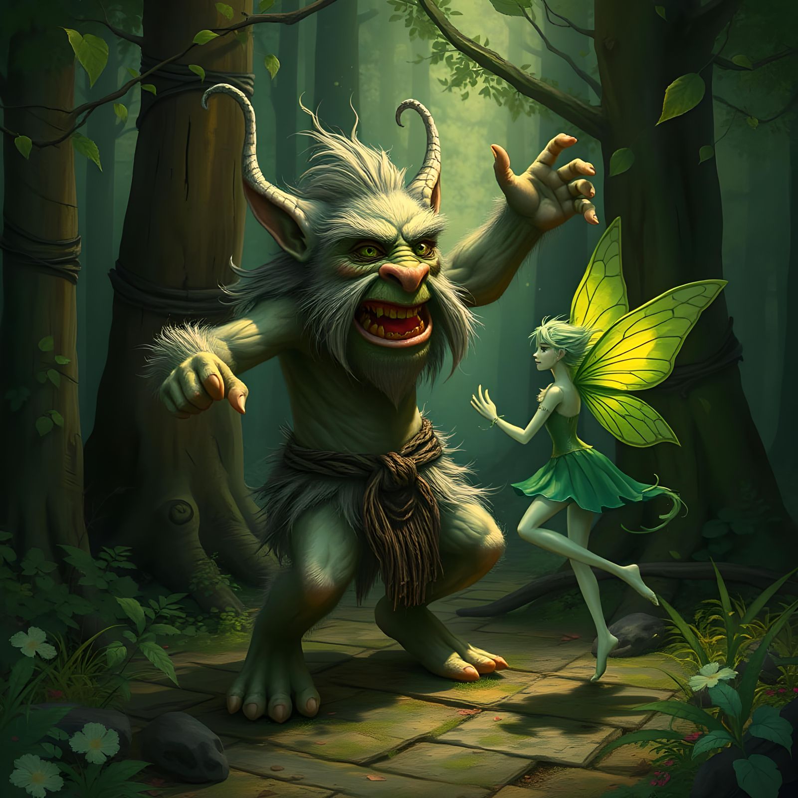 Troll and Fairy Dance in Enchanted Forest