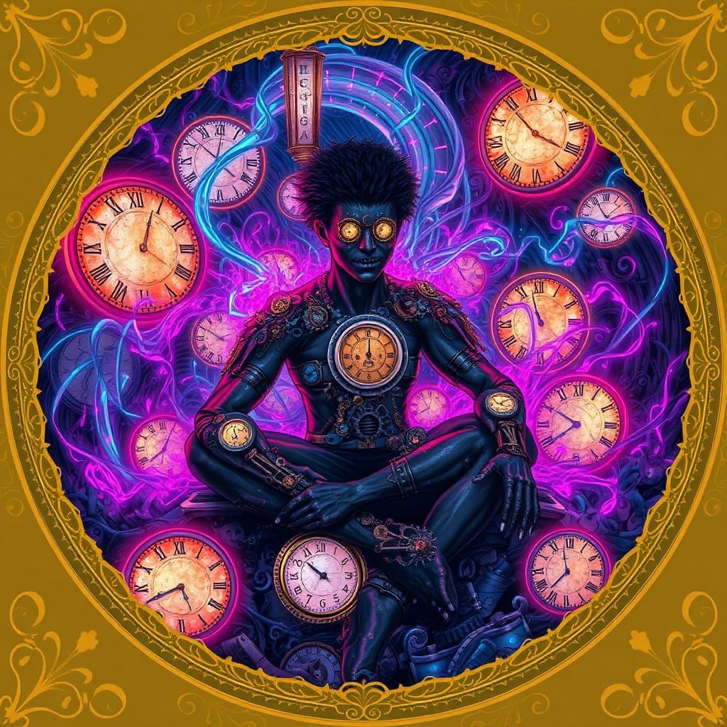 Clockwork Figure Amidst Neon Time Vortex