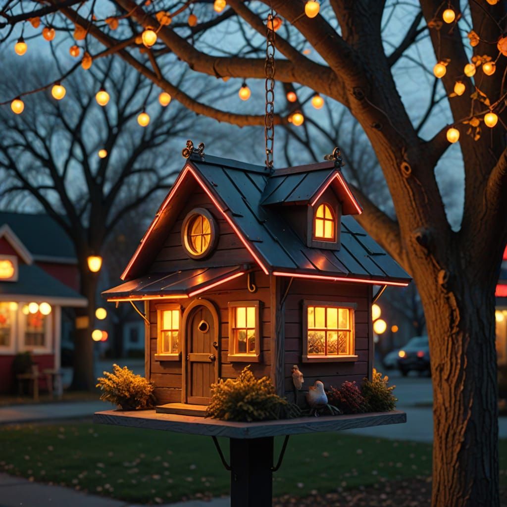 Diner Birdhouse with Neon Sign in Golden Light