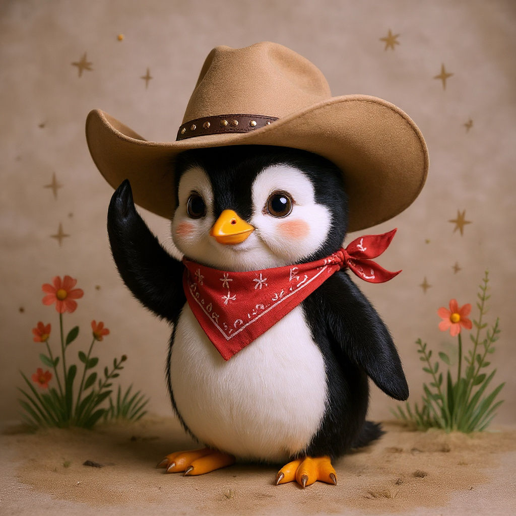 Cute Cowboy Penguin with Oversized Hat