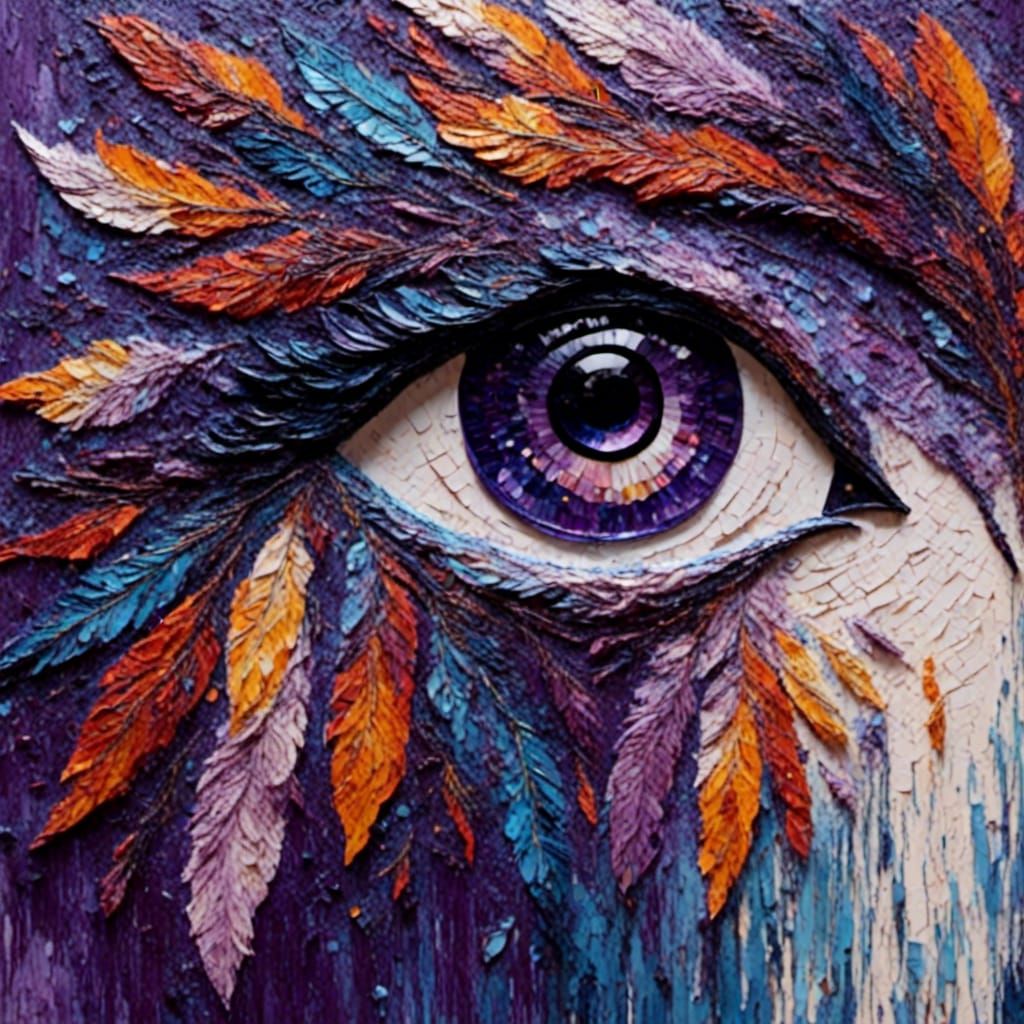 Glowing Violet Eye with Feathers as Impasto Painting