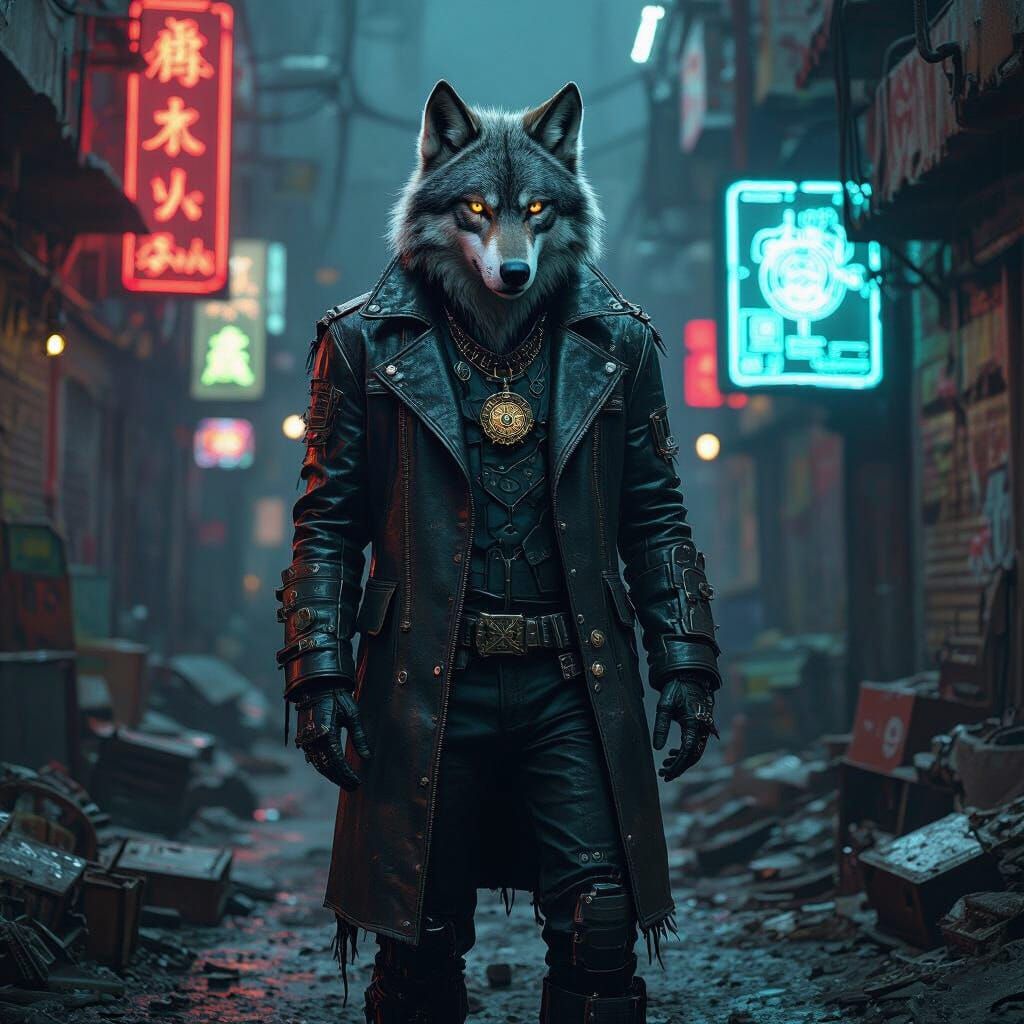 Cyberpunk Biomechanical Wolf Guarding a Junkyard