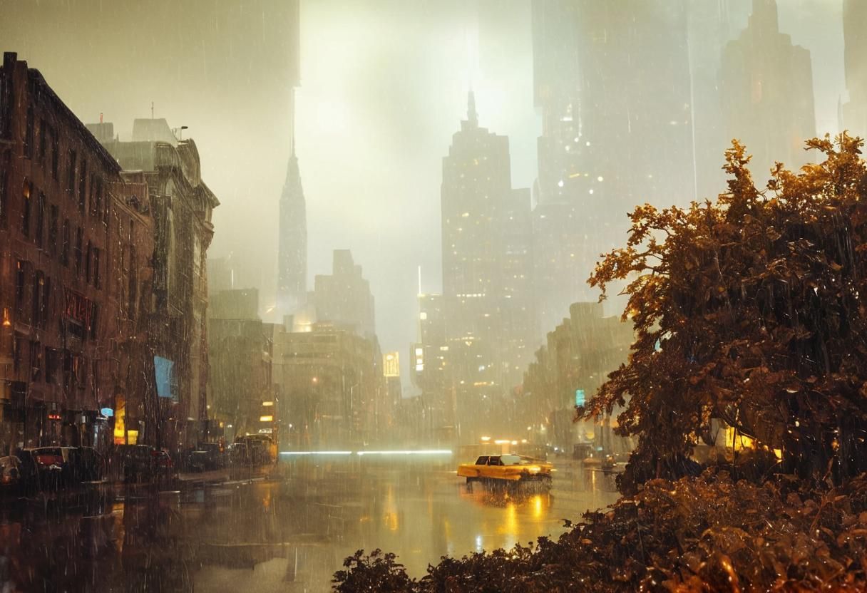 Futuristic Rainy Cityscape with Yellow Cab in Neo-Noir Style