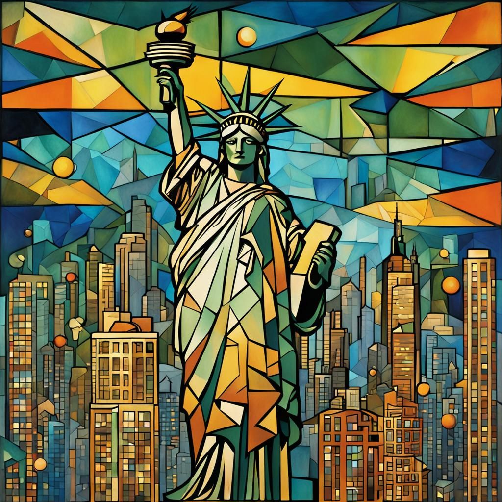 Cubist Lady Liberty in Bustling Urban Bay