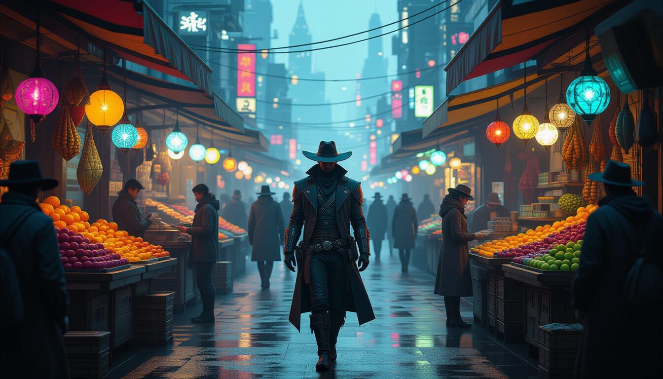Future Metropolis Market with Cowboy Figure