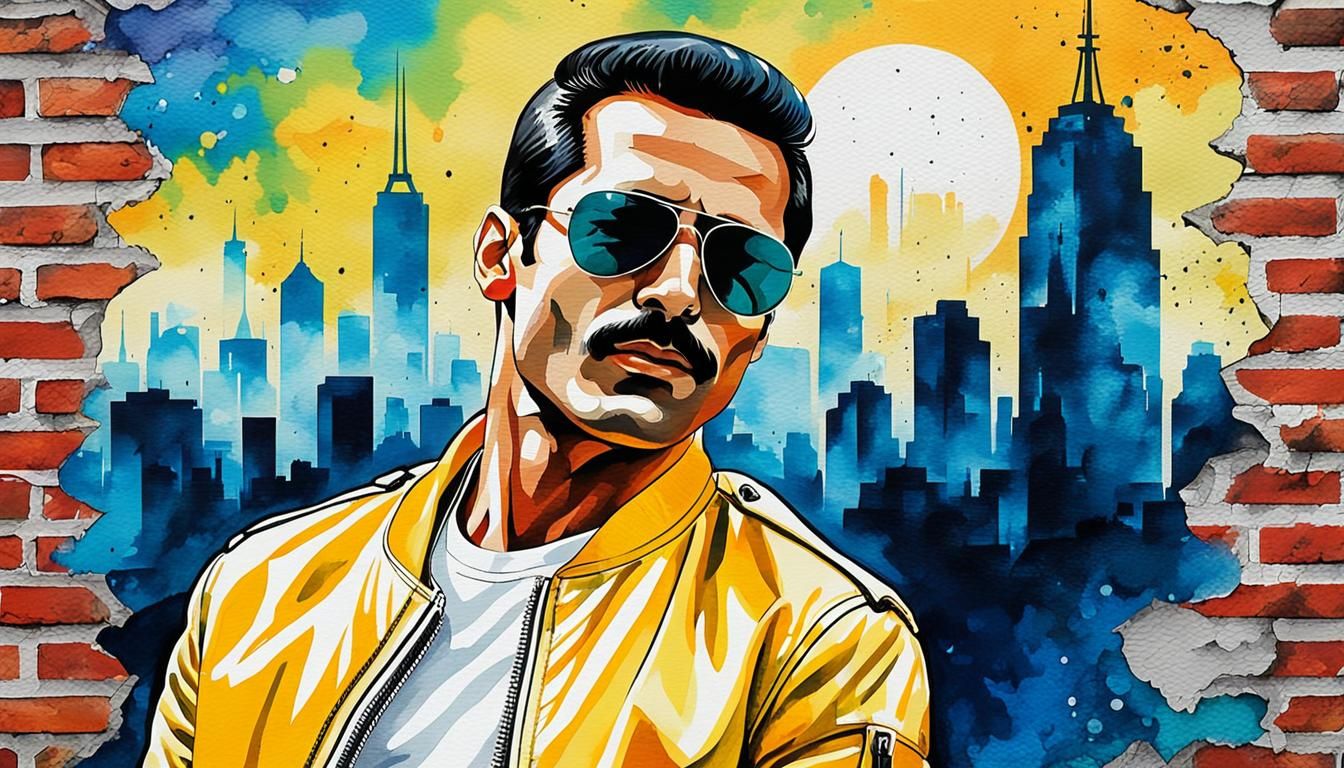 Freddie Mercury Portrait in Watercolor Pop-Art Style