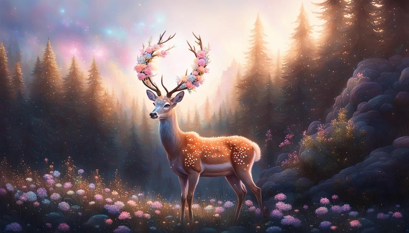 Crystalline Deer with Glowing Flowers, Hyperrealistic Concep...