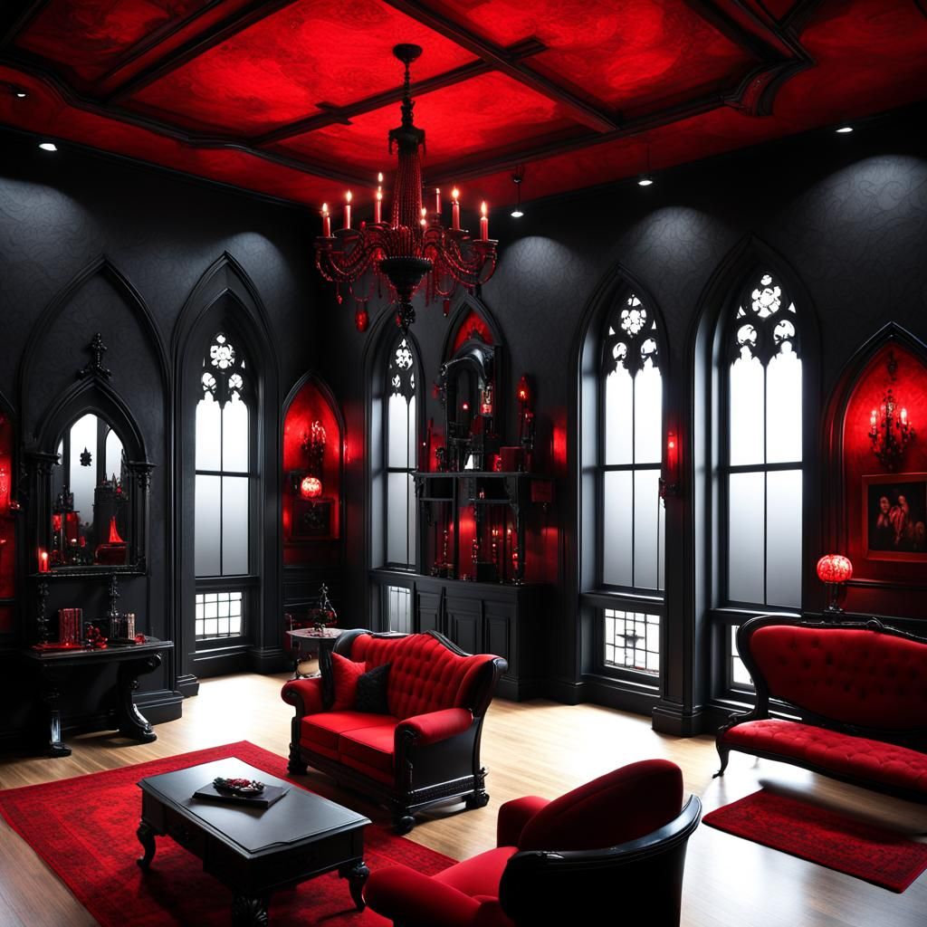 Gothic vampire themed penthouse with Black walls with red ac...