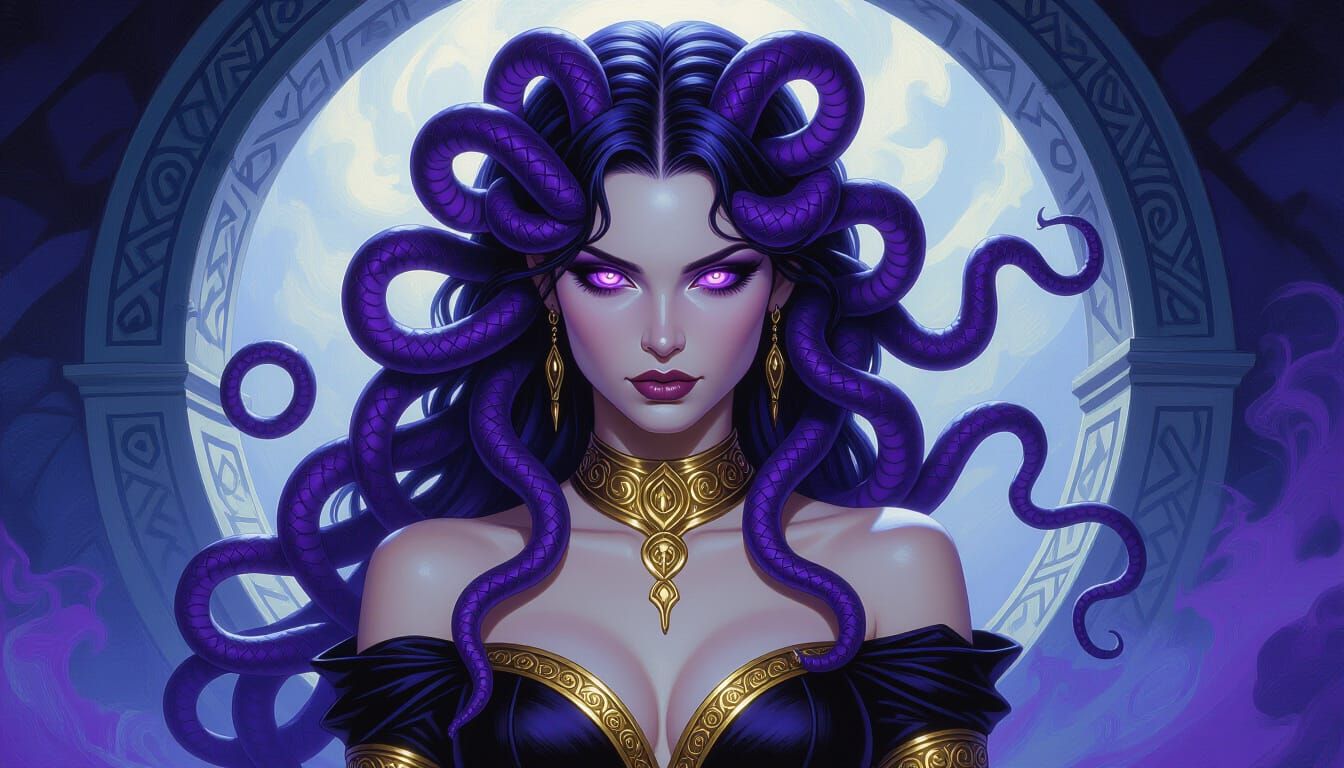 Medusa Deity in Shadowfell, Cinematic Oil Painting