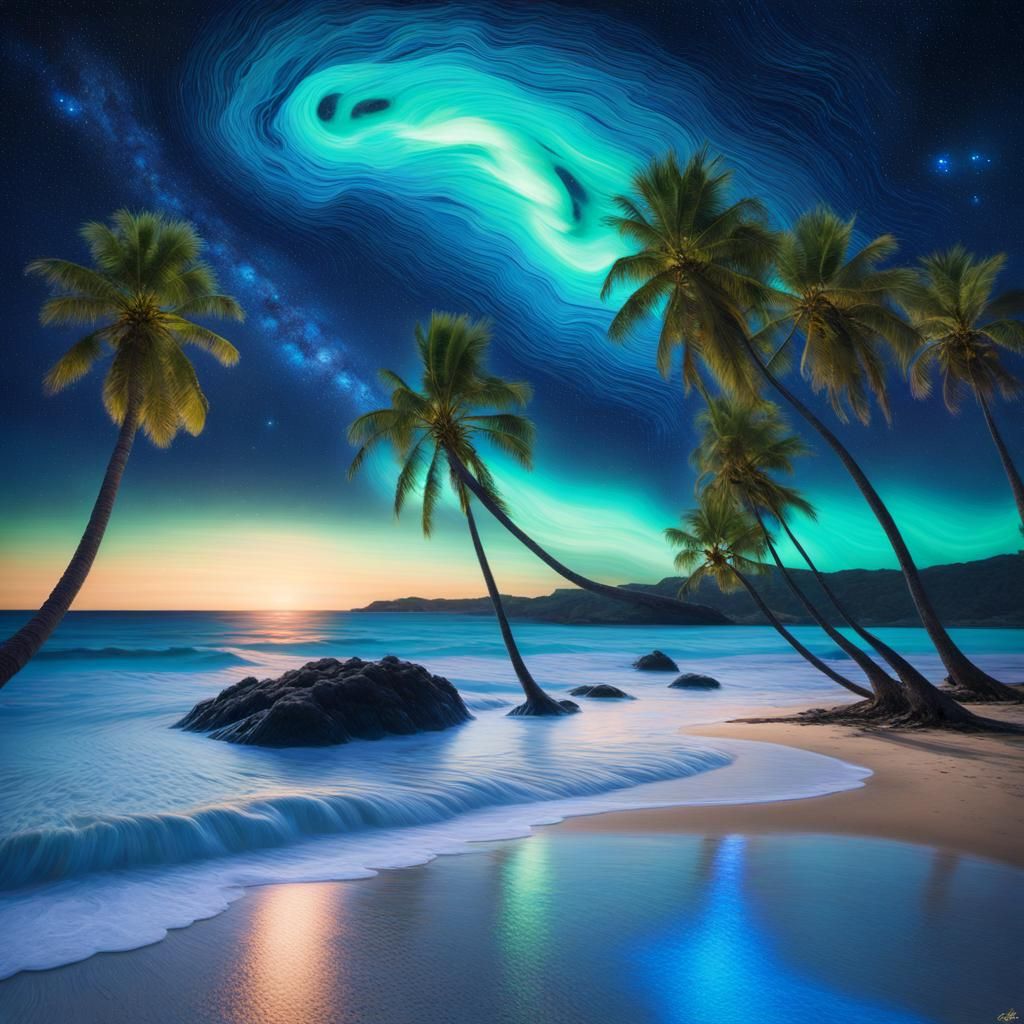 Bioluminescent Beach at Night: Surreal Digital Art