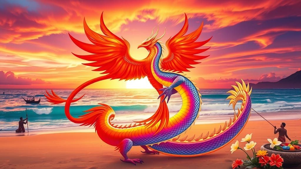Regal Phoenix and Dragon in Vibrant Bali Sunset Dance