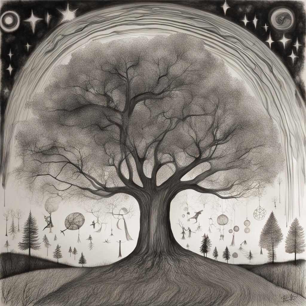 trees, Kids Crayon drawings ,surreal child's drawing , rayograph Man Ray collection of random b&W objects, light reflect...