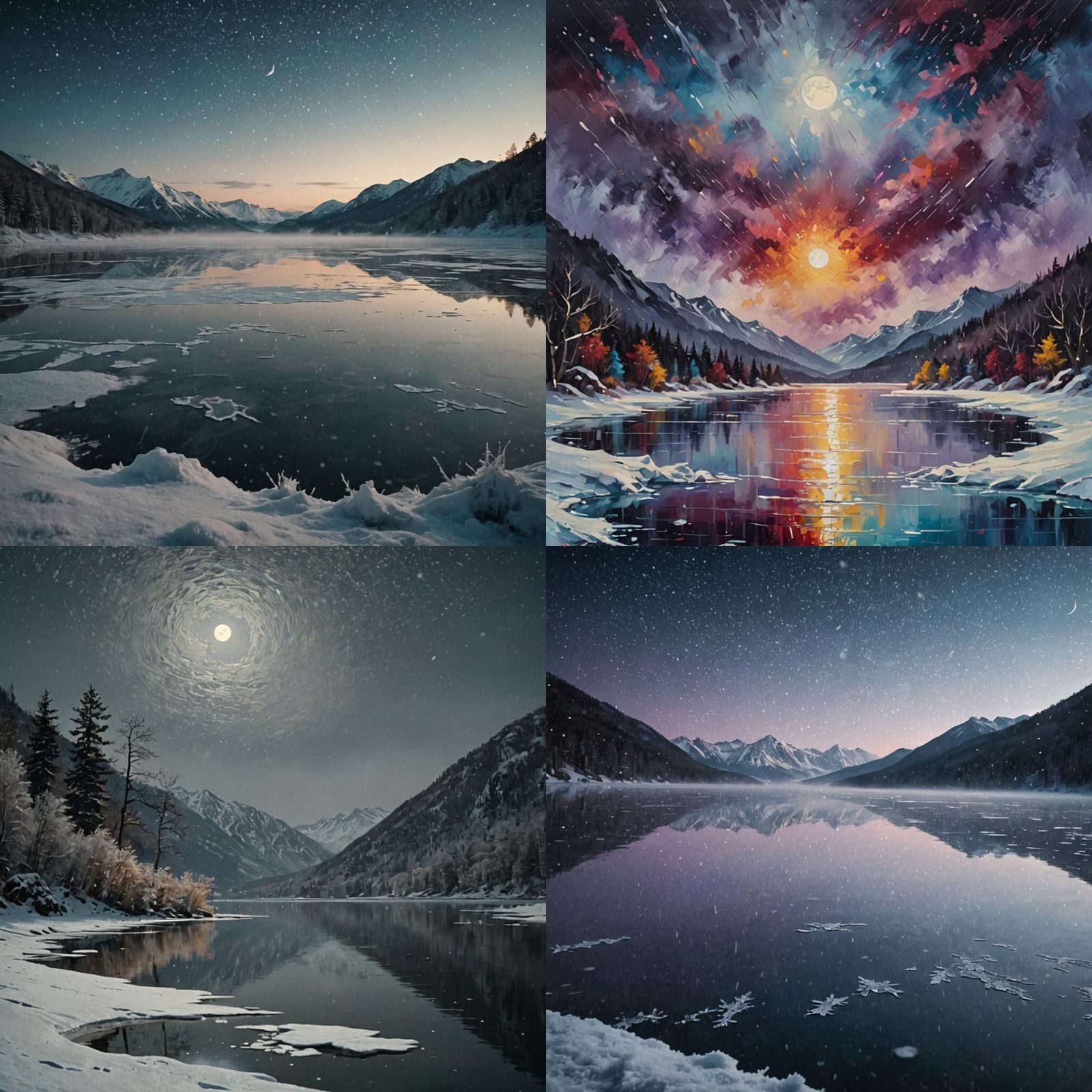 Moonlight reflected off of a frozen mountain lake as snow flurries fall. Slight mist and swirling of the snow across the...