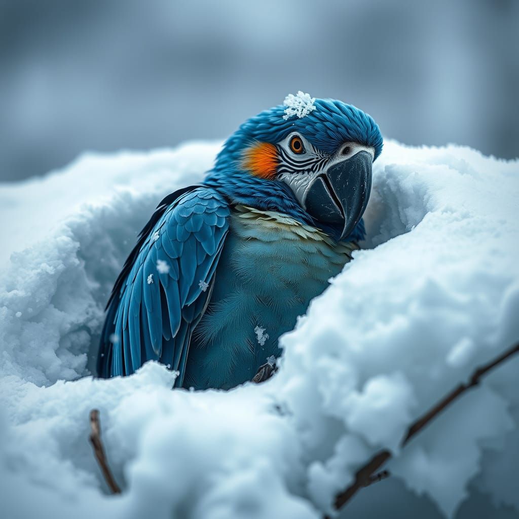 Parrot Half Buried in Snow in Hyperrealistic HDR