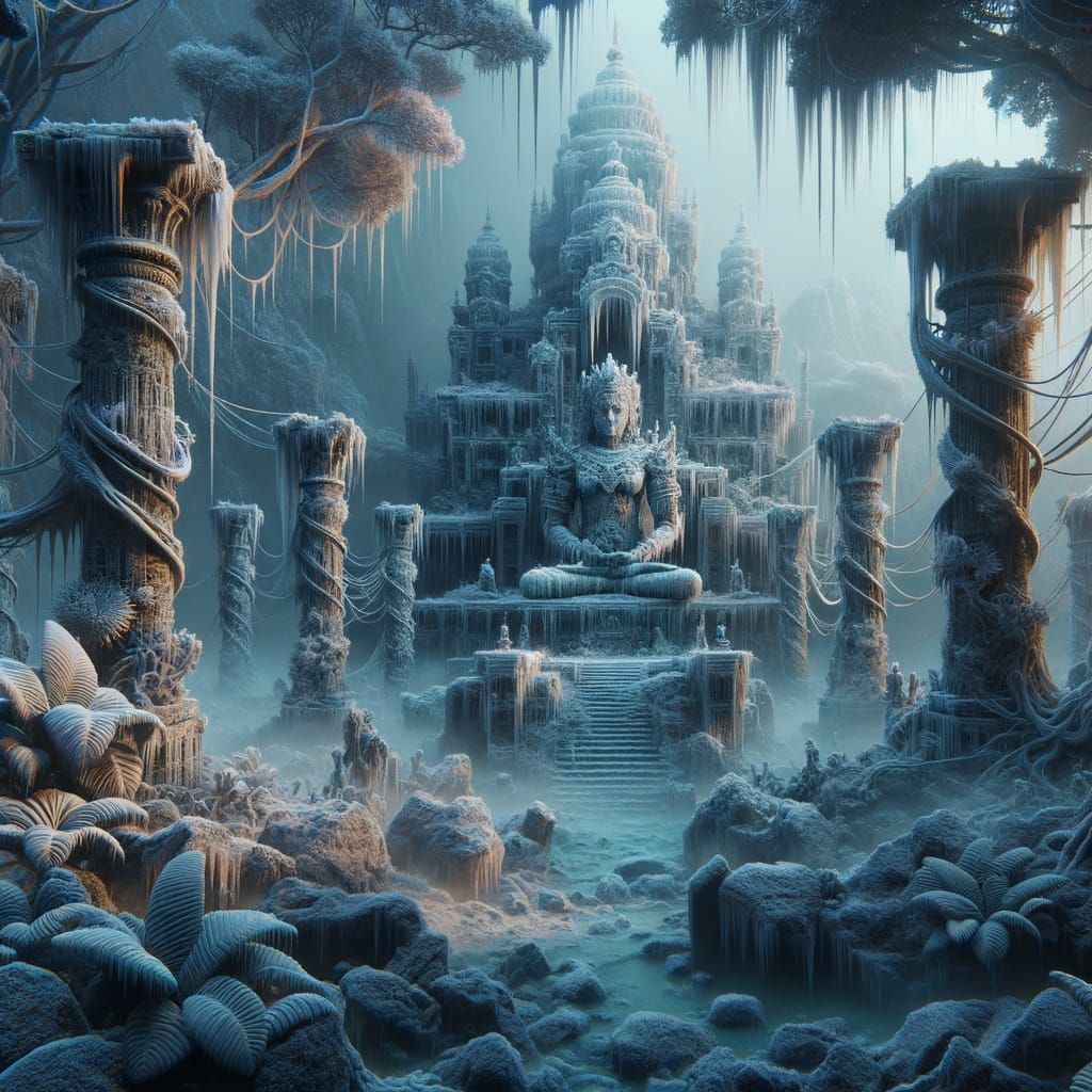 Frozen Jungle Temple With Ancient Idols