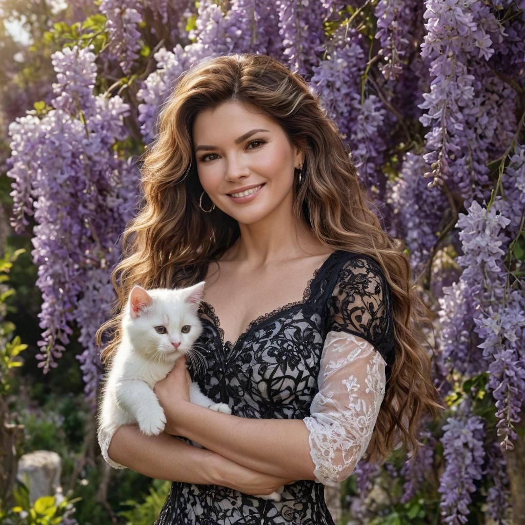 Hyperrealistic Portrait of Woman with Cat in Garden