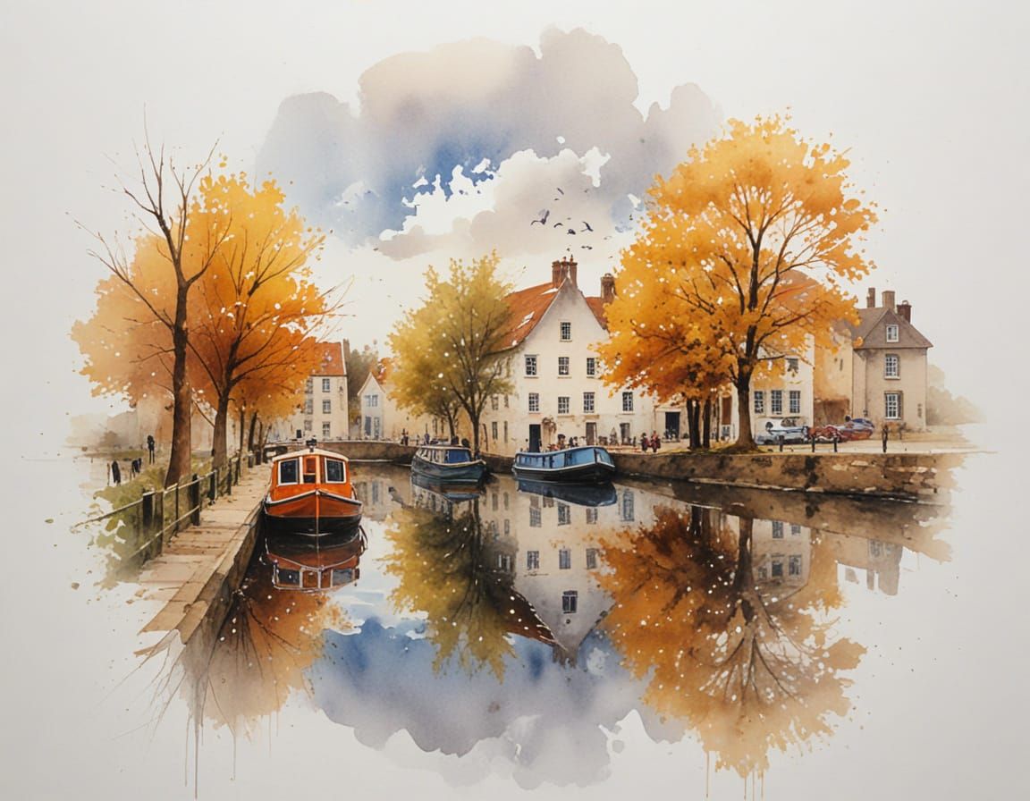 Autumn Canal Scene with Narrowboats, Painterly Realism
