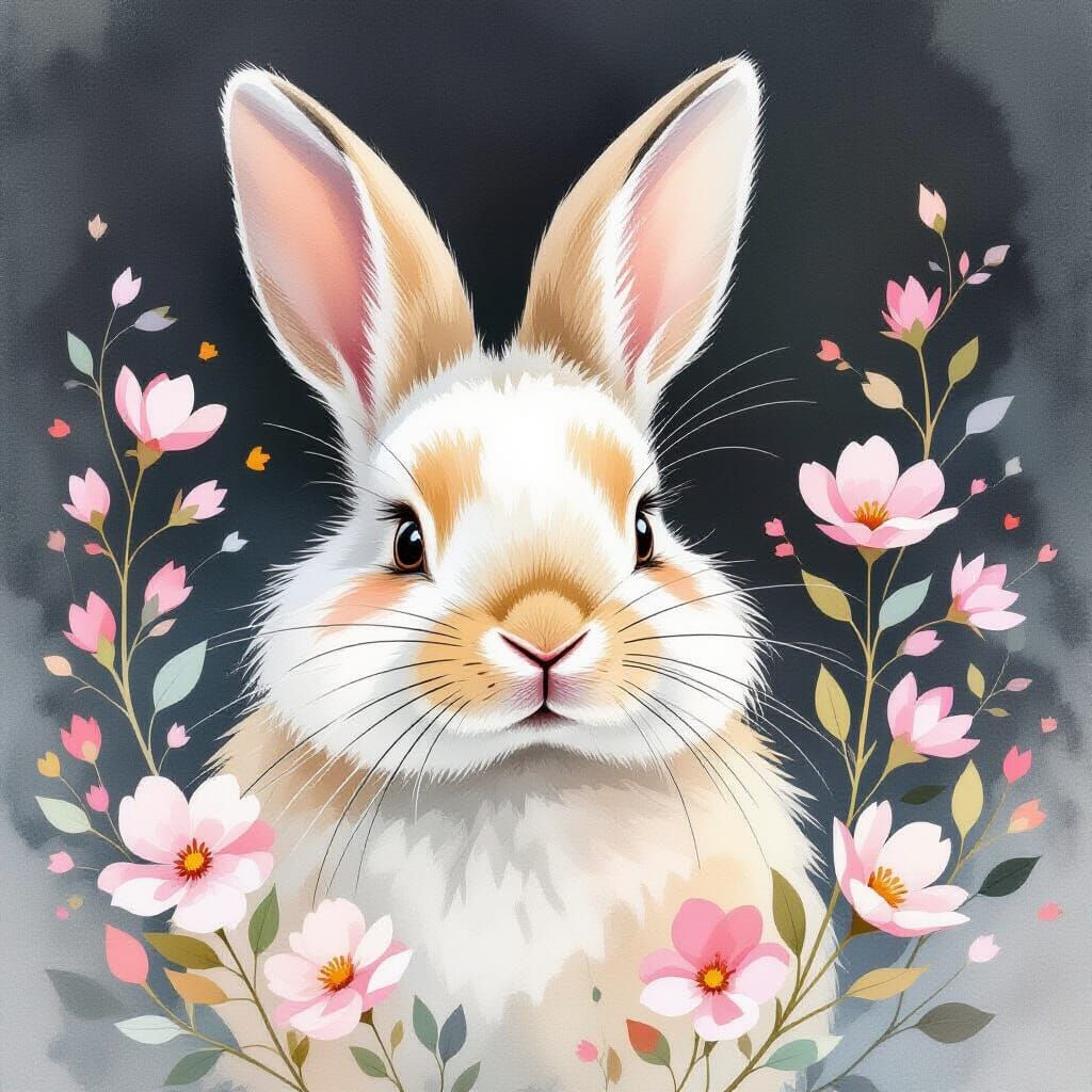 Watercolor Rabbit Head with Floral Elements and Fine Lines