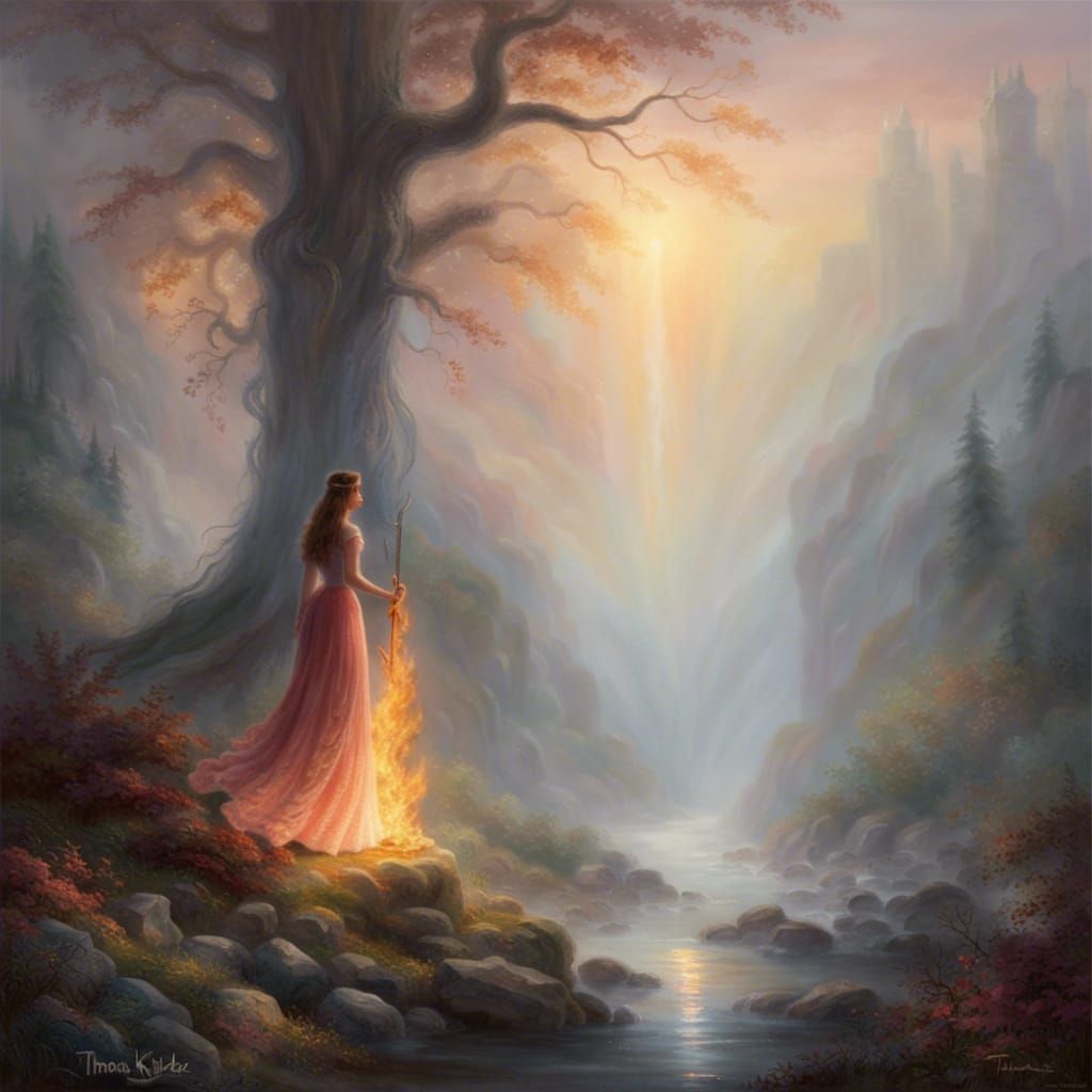 Ethereal Water and Fire Woman in Misty Forest