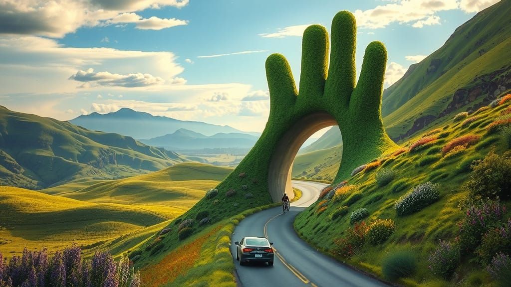Dreamlike Landscape with Vibrant Hand-Shaped Monolith