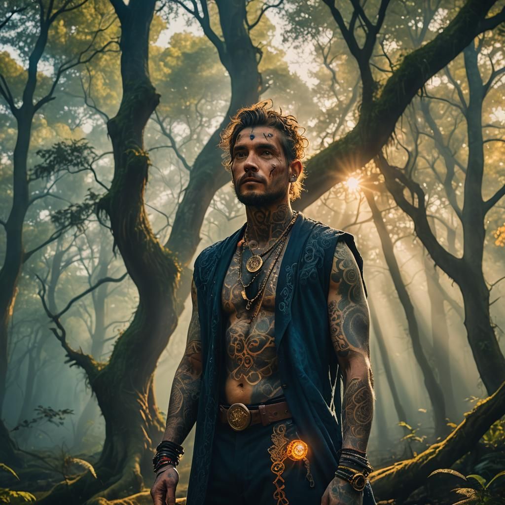 Mystical Man in Ancient Forest: Fantasy Concept Art
