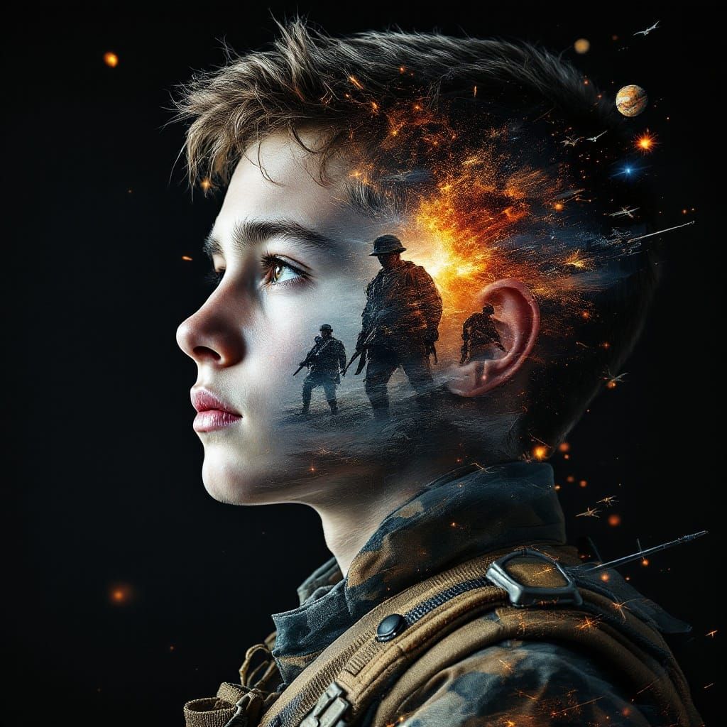 Graphic Holographic Art: Soldiers Blending Into Boy Profile