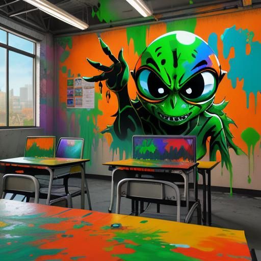 Alien Children in School as Graffiti Art