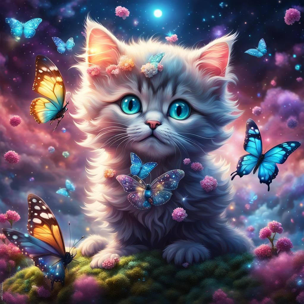 Magical Galaxy Kitten with Crystal Butterflies