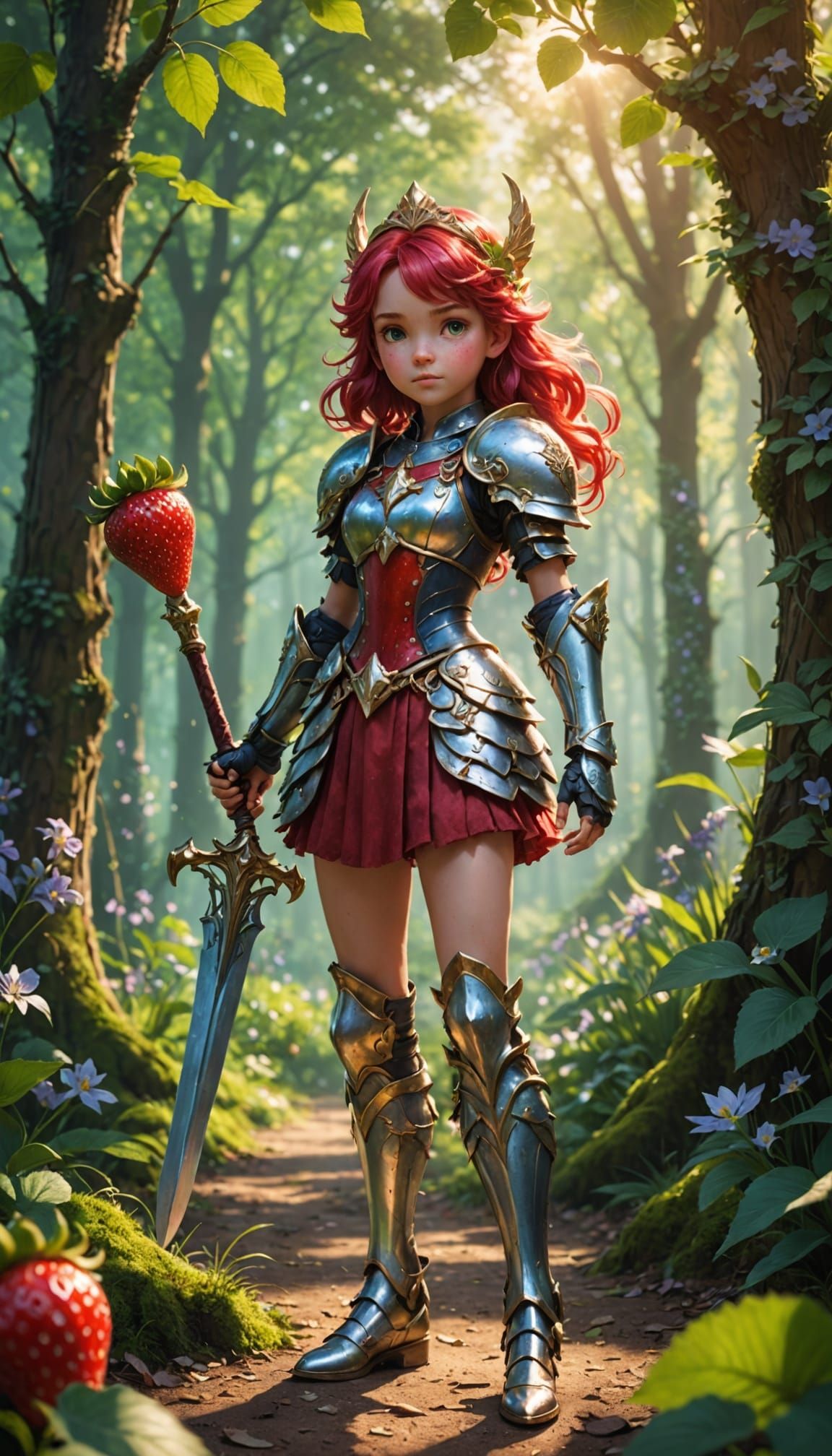 Strawberry Warrior Girl in Magical Forest