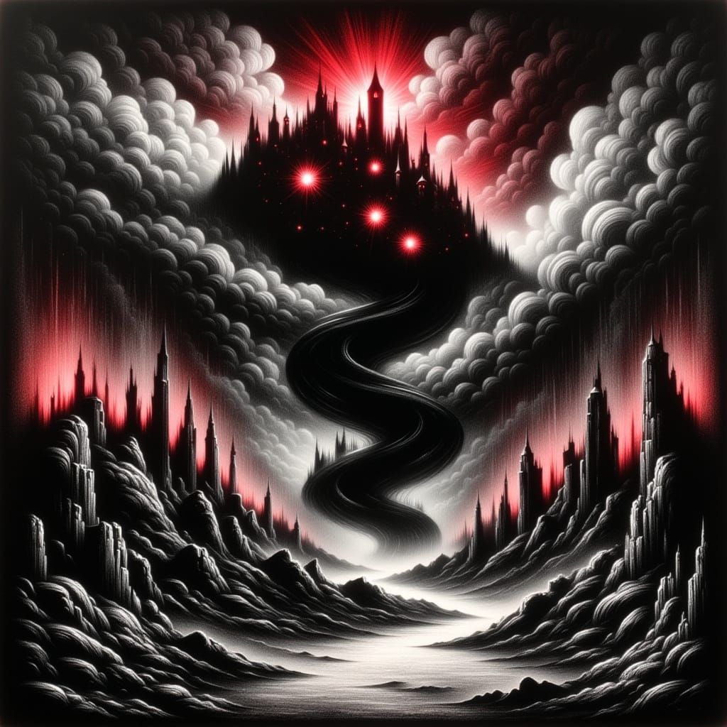 Gothic City Swirling in Black Cloud