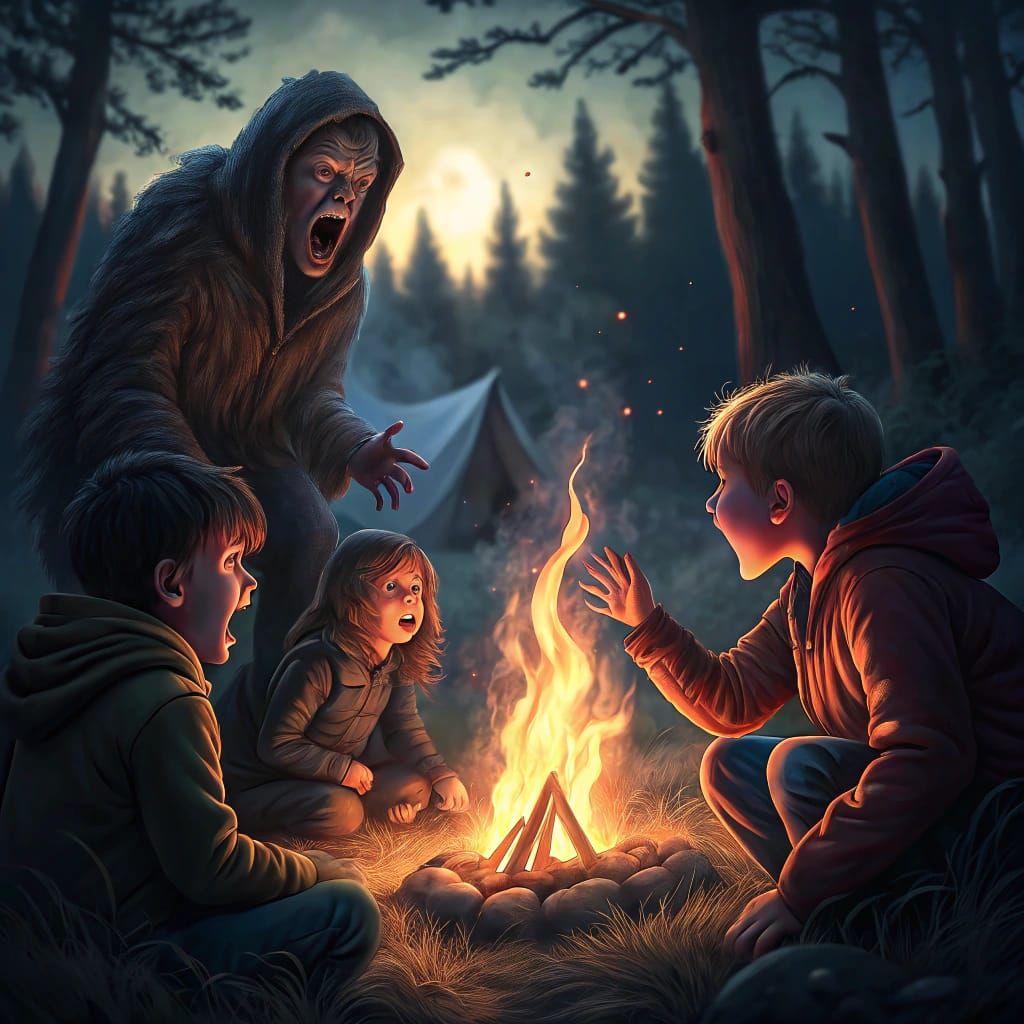 Terrified Children's Campfire Ghost Story in Dark Style