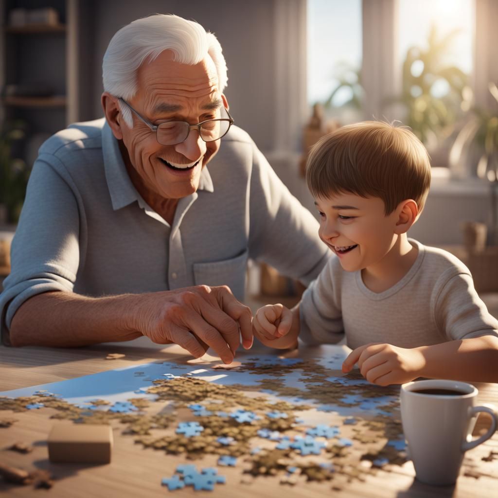 Grandfather and Grandson Complete Beach Puzzle in 8K