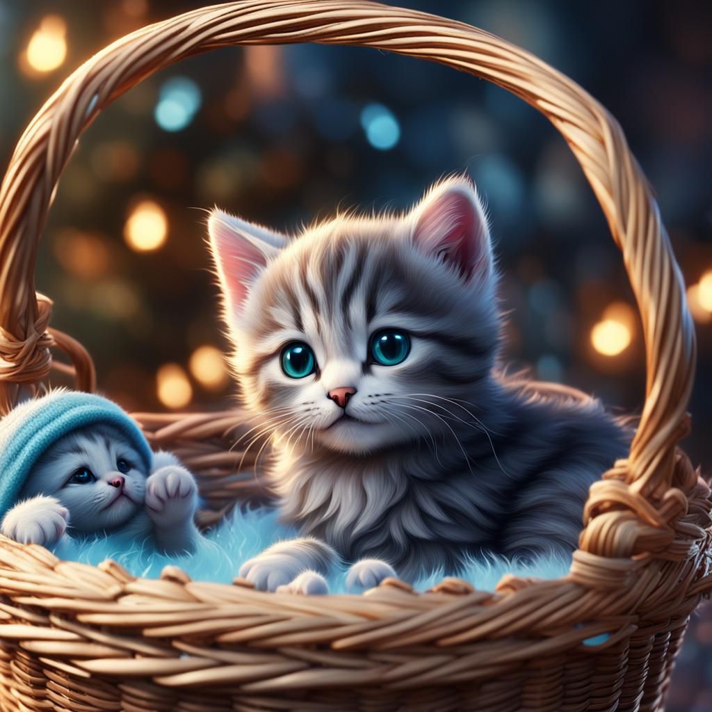 Cute Kittens in Cozy Basket: Fantasy Concept Art