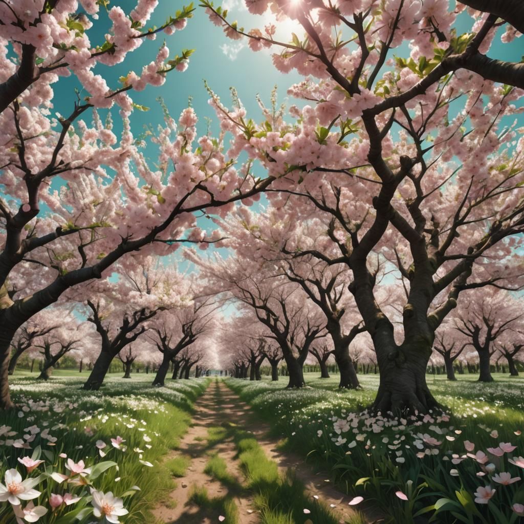 Blooming Cherry Orchard: Hyper-Realistic Fantasy Landscape