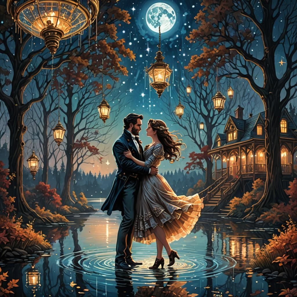 Steampunk Dance on Lake Under Autumn Moon