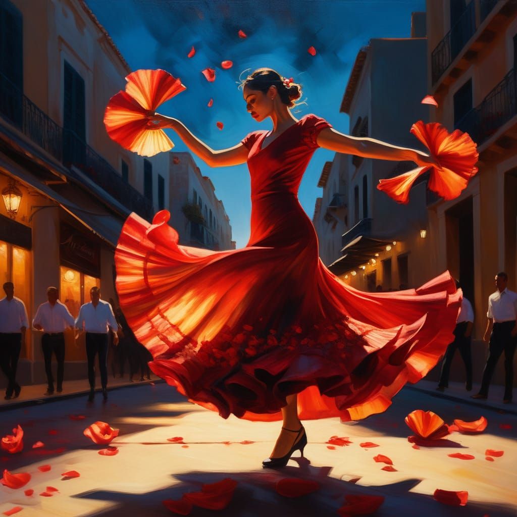 Dynamic Flamenco Dancer Under Seville Streetlights